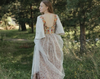 floral linen wedding dress, colorful wildflower wedding dress flutter sleeve, whimsical fall wedding dress, rustic wedding dress boho