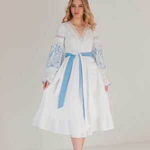 blue and white linen wedding dress, floral embroidered linen wrap dress, modern ukrainian dress, slavic vyshyvanka