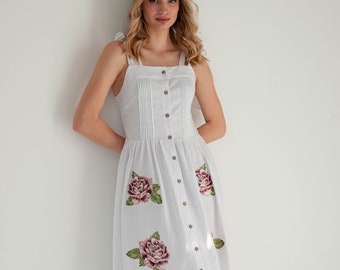 floral linen wedding dress, summer white linen dress, handmade ukrainian dress, boho beach slip wedding dress