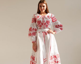 boho linen vyshyvanka dress, red floral embroidered ukrainian dress, handmade slavic dress