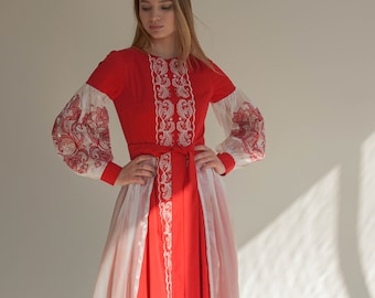 traditional slavic dress, embroidered ukrainian dress, organza red evening dress
