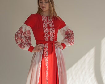 traditional slavic dress, embroidered ukrainian dress, organza red evening dress