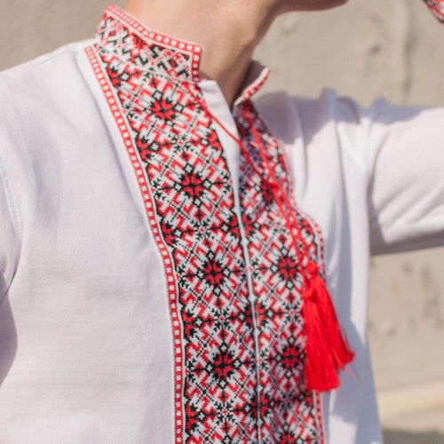 Mens Embroidered Shirt White Ukrainian 