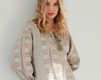 ukrainian embroidered blouse, linen peasant blouse, vyshyvanka blouse, organic linen shirt with long sleeve