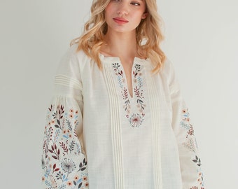 floral ukrainian blouse, ivory linen peasant blouse, modern vyshyvanka, folk embroidered hungarian blouse long sleeve