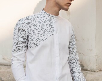 bulgarian folk shirt dusty pink floral embroidery button up shirt men ethnic slavic shirt pagan wedding groomsmen attire chic rustic shirt