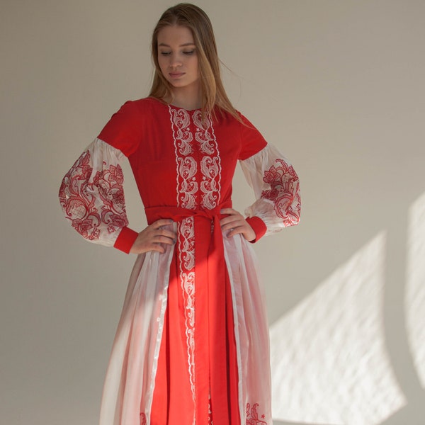 red folk slavic dress, embroidered ukrainian dress, organza red evening dress with long sleeves