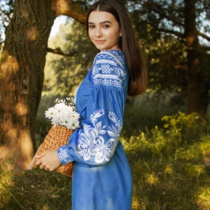 embroidered blue linen dress, floral ukrainian dress, vyshyvanka dress, long sleeve knee length dress, boho linen summer dress