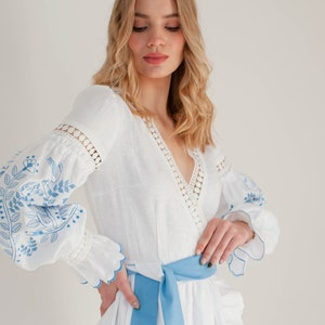 white wrap linen dress with floral embroidery, handmade ukrainian dress, simple linen wedding dress