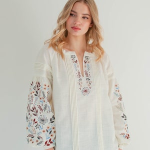 floral ukrainian blouse, ivory linen peasant blouse, modern vyshyvanka, folk embroidered hungarian blouse long sleeve image 1