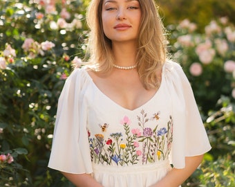 wildflower embroidered wedding dress, colorful floral wedding dress, boho chiffon dress sleeves