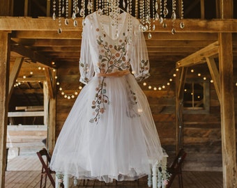 romantic floral wedding dress, colorful embroidered tulle wedding dress, fairy wedding dress, modest a line wedding dress