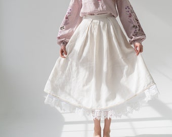 handmade linen skirt, ivory boho wedding skirt, ukrainian folk skirt, high waisted retro skirt