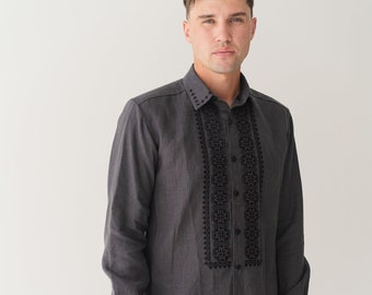 linen vyshyvanka men, custom fok shirt, embroidered linen shirt for men, charcoal black linen shirt men