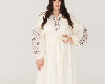 ivory floral linen dress, wildflower embroidered simple linen dress, modern ukrainian dress