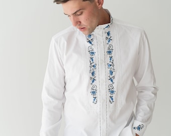 embroidered folk shirt, handmade ukrainian shirt, casual vyshyvanka men, custom made classic white linen shirt