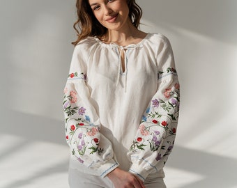 floral embroidered blouse, ukrainian vyshyvanka blouse, ivory linen blouse women