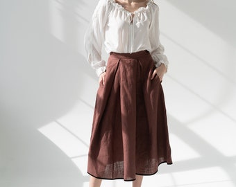 brown linen skirt, handmade linen midi skirt, tea length skirt, high waisted linen skirt with pockets