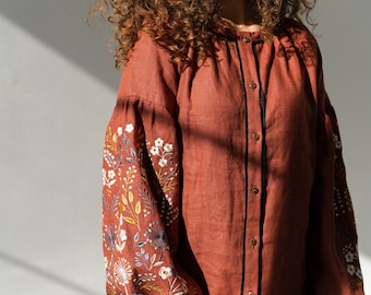 wildflower embroidery linen blouse, linen vyshyvanka blouse, floral embroidered ukrainian blouse, linen button up shirt women in boho style