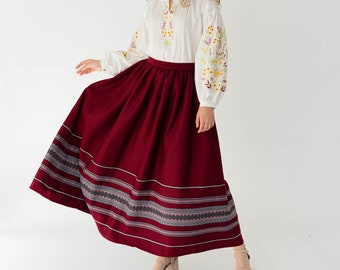 slavic folk skirt, woven ukrainian skirt, burgundy vintage style skirt with pockets,