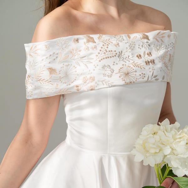 satin corset wedding dress, embroidered wildflower wedding dress, off shoulder simple wedding dress, custom wedding gown