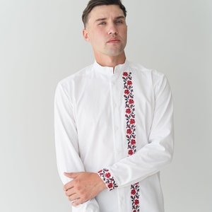 floral embroidery folk shirt, handmade ukrainian shirt vyshyvanka men, custom made classic white linen shirt image 1