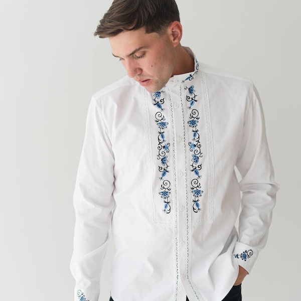 embroidered folk shirt, handmade ukrainian shirt, casual vyshyvanka men, custom made classic white linen shirt