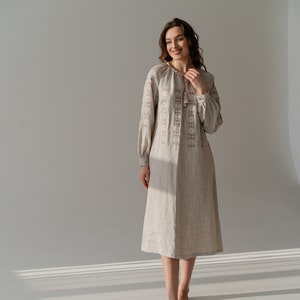 linen ukrainian embroidered dress, vyshyvanka dress, loose linen shirt dress, casual linen dress zdjęcie 1