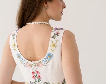 colorful floral wedding dress, hand embroidered wildflower wedding dress, custom linen wedding dress, non traditional boho wedding