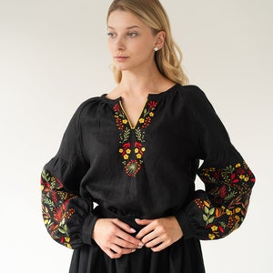black linen blouse women, floral embroidered ukrainian blouse, linen peasant top long sleeve, boho vyshyvanka blouse