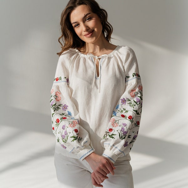 floral embroidered blouse, ukrainian vyshyvanka blouse, ivory linen blouse women