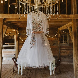 romantic floral wedding dress, colorful embroidered tulle wedding dress, fairy wedding dress, modest a line wedding dress image 1
