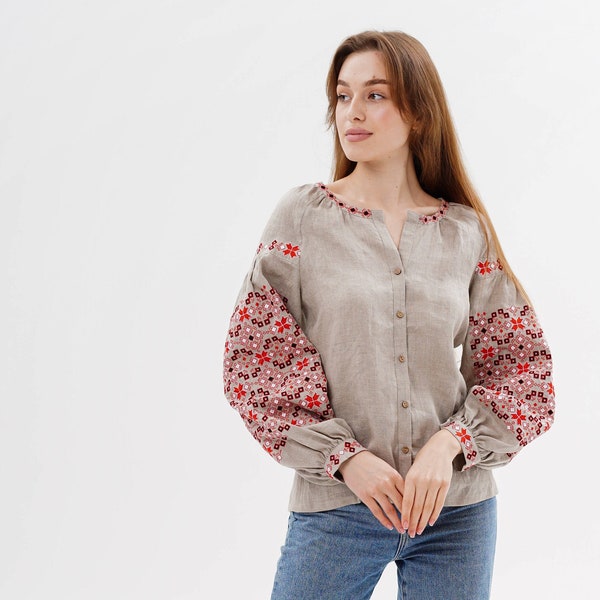 ukrainian embroidered blouse, vyshyvanka linen shirt, peasant linen blouse with