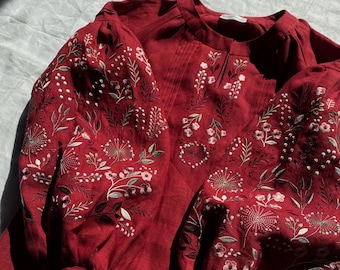 floral burgundy linen top, embroidered ukrainian vyshyvanka blouse, wildflower peasant linen top, handmade ukrainian designer boho top