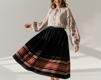 handmade folk skirt, black ukrainain skirt, vintage style skirt, high waisted jacquard skirtwith pockets