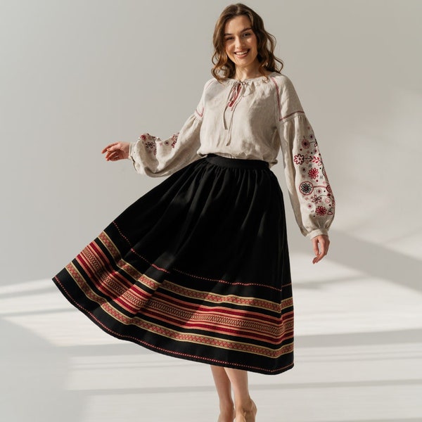 jupe folklorique faite main, jupe ukrainienne noire, jupe de style vintage, jupe jacquard taille haute avec poches