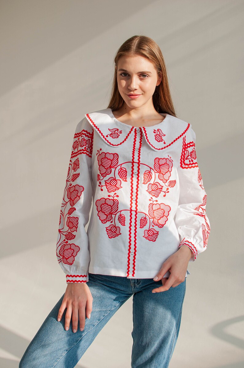 White Vyshyvanka Blouse Red Embroidered 