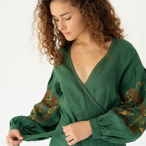 forest green linen dress, floral embroided linen wrap dress, midi ukrainian dress image 2