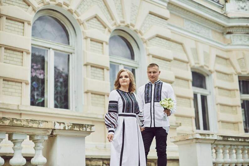 prairie wedding dress dark floral vyshyvanka dress polish folk dress loose long sleeve ethnic slavic dress white and black elegant gown