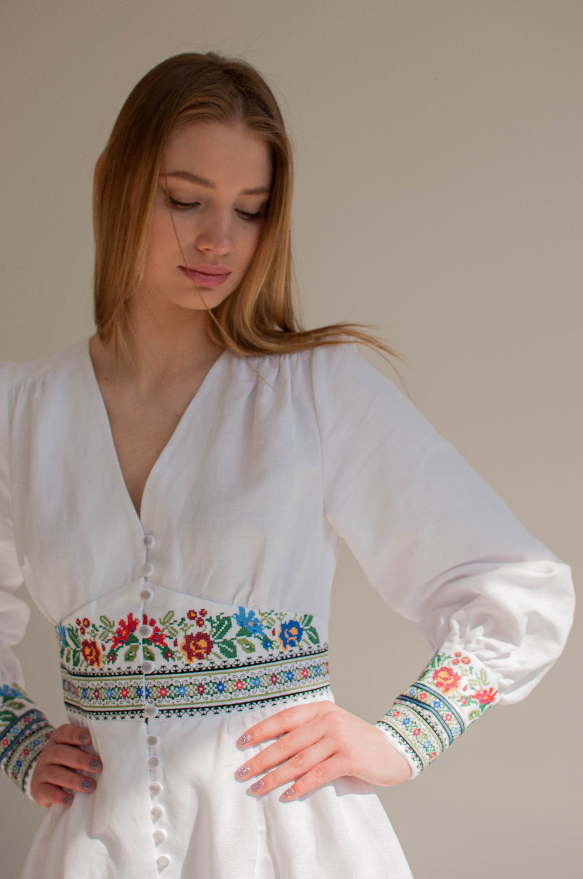 Floral embroidered dress white ukrainian dress folk slavic | Etsy