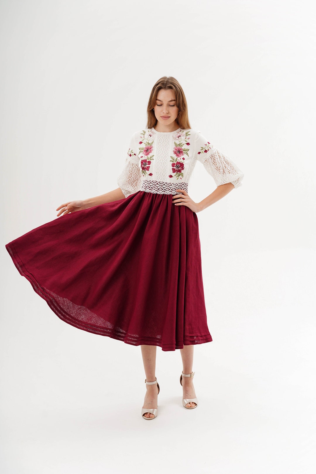 Linen Burgundy Dress, Ukrainian Dress, Embroidered Vyshyvanka Dress ...