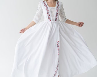 floral embroidered wedding dress, handmade folk ukrainian dress, lace elopment dress in rustic style