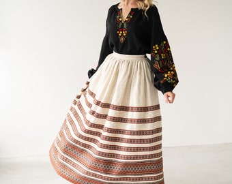 beige folk skirt, ukrainian skirt woven ornament, handmade traditional skirt, high waisted skirt