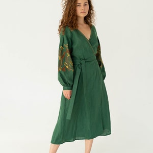 forest green linen dress, floral embroided linen wrap dress, midi ukrainian dress image 1