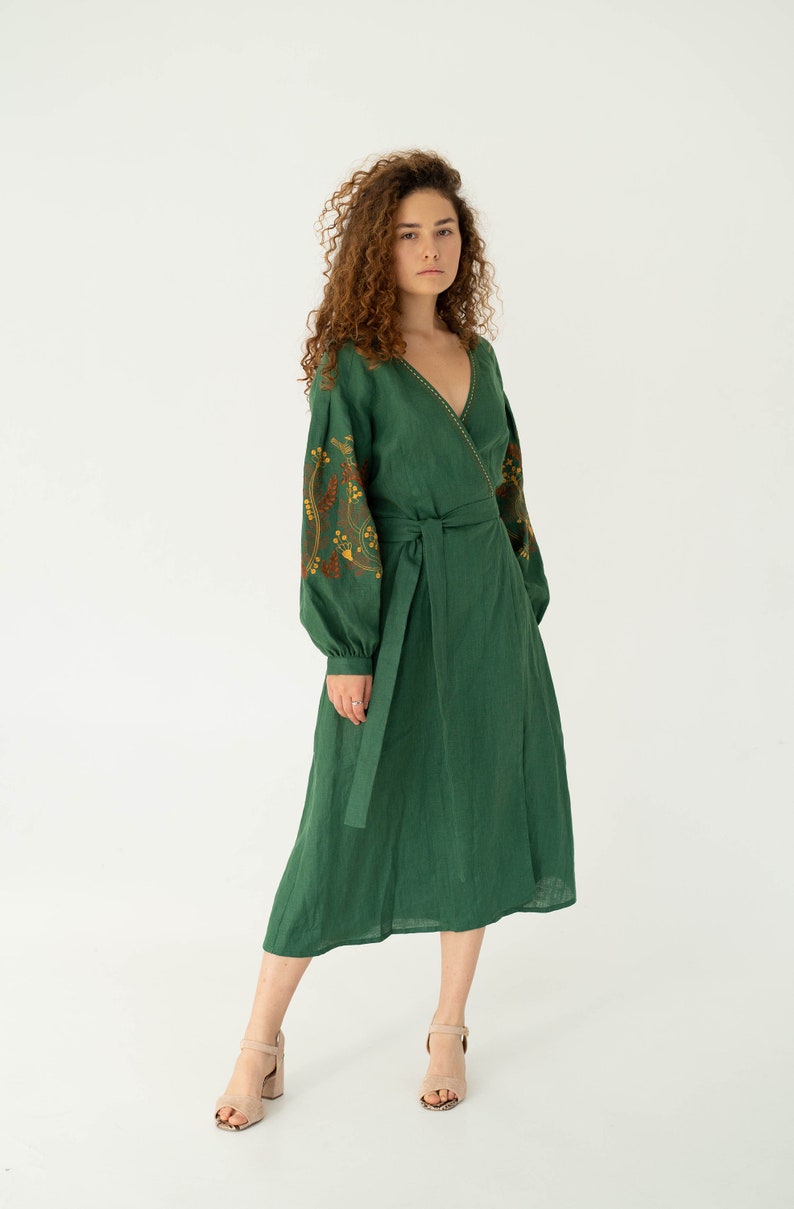 forest green linen dress, floral embroided linen wrap dress, midi ukrainian dress image 1