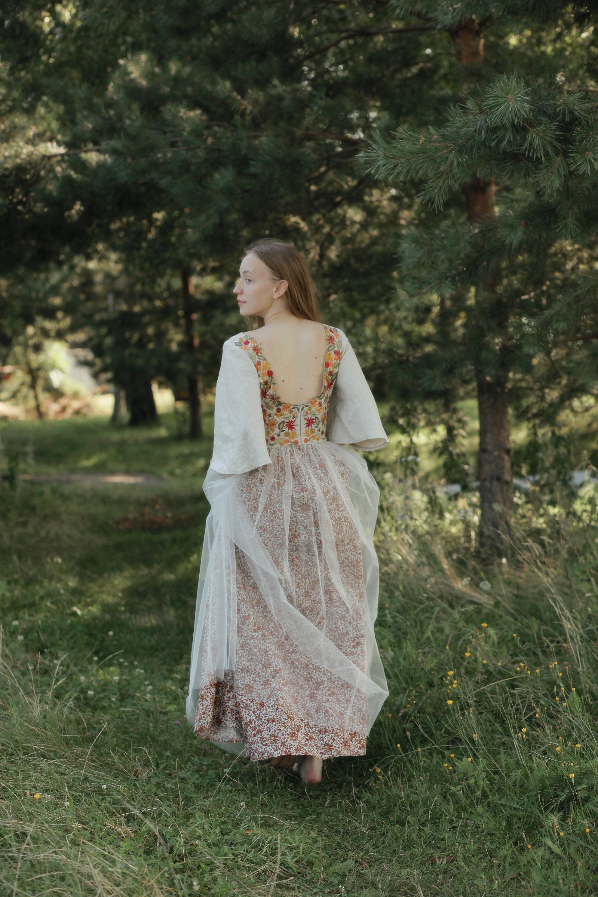 Floral Linen Wedding Dress, Colorful Wildflower Dress Flutter Sleeve, Whimsical Fall Rustic Boho
