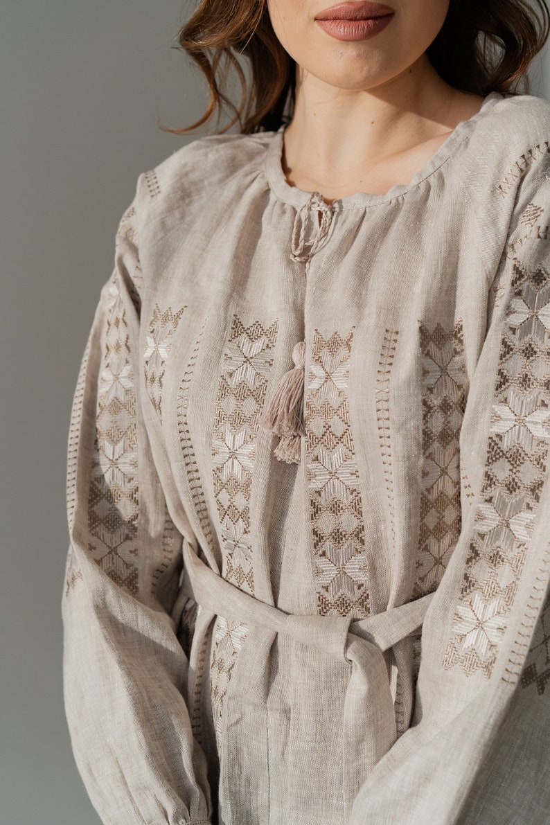 linen ukrainian embroidered dress, vyshyvanka dress, loose linen shirt dress, casual linen dress zdjęcie 6