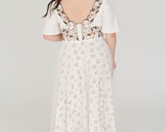 blush floral wedding dress, wildflower embroidered wedding dress, non traditional wedding dress
