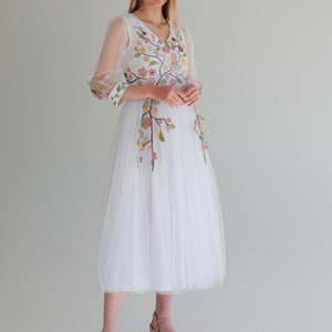 romantic floral wedding dress, colorful embroidered tulle wedding dress, fairy wedding dress, modest a line wedding dress image 9