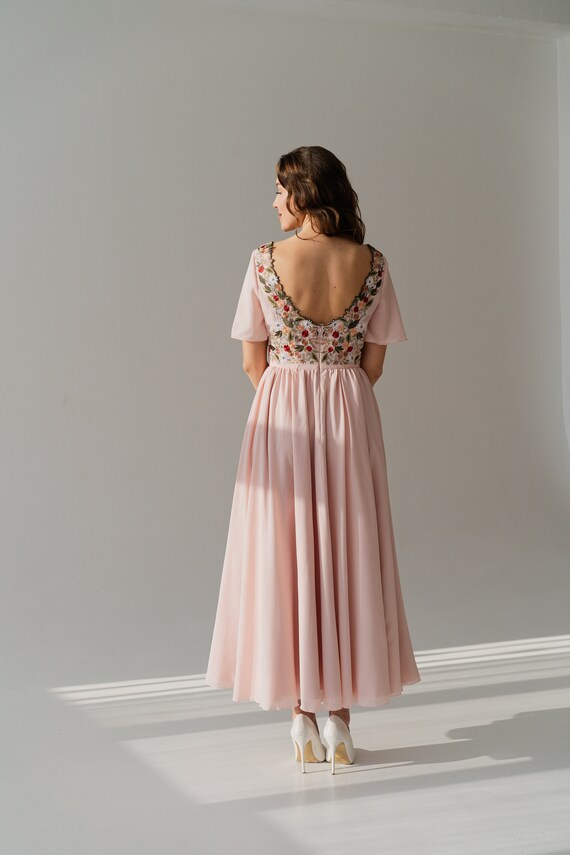 blush pink chiffon wedding dress Blush Pink Chiffon Heavy Embroidered A-Line Elegant Wedding Wear